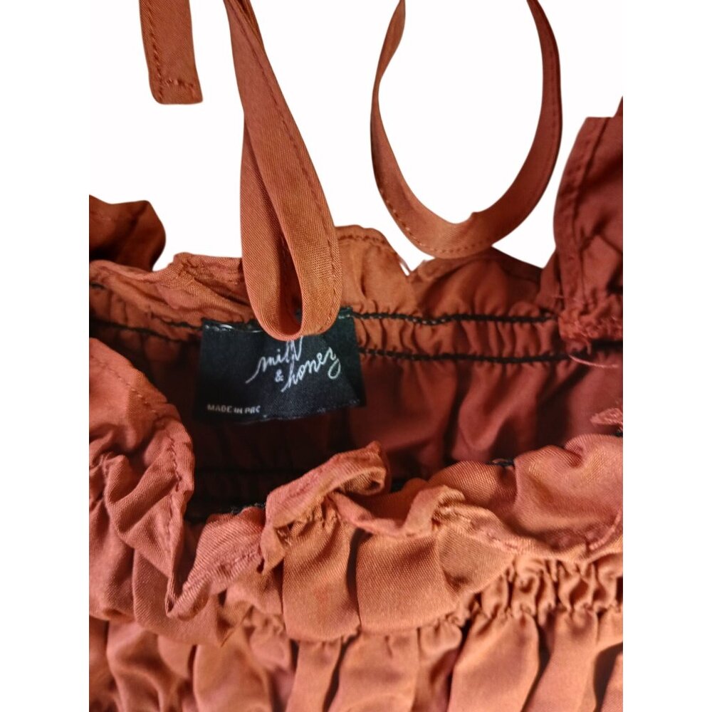 Milk Honey Smocked Rust Orange Shirt Top Size M Puff Sleeve Ruffle Cropped - Picture 5 of 13